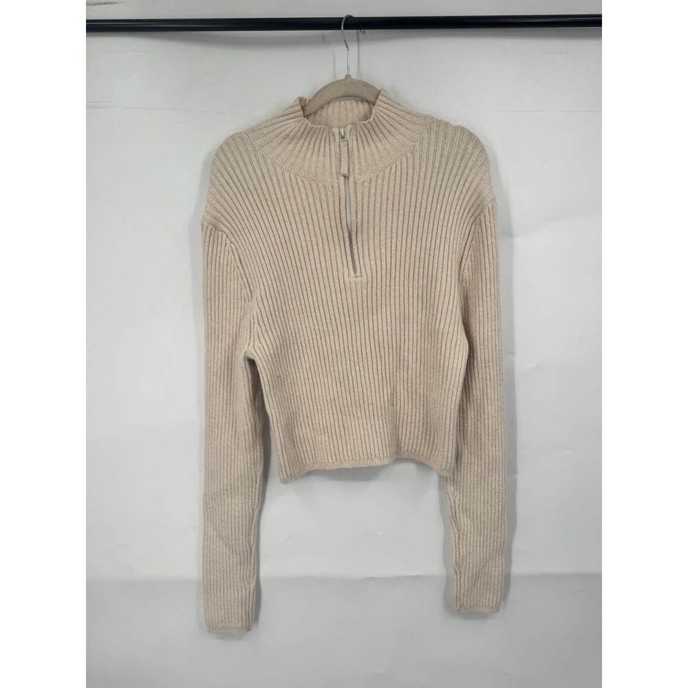 Aerie Quarter Zip Ribbed High Neck Crop Sweater Women XL Biege Minimalist
